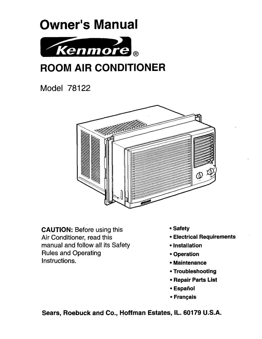 Kenmore 78122 owner manual Room AIR Conditioner 