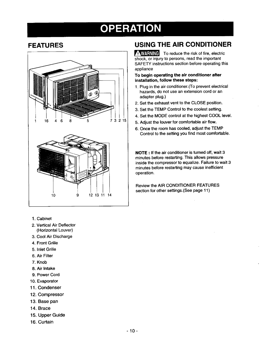 Kenmore 78122 owner manual Features Using the AIR Conditioner 