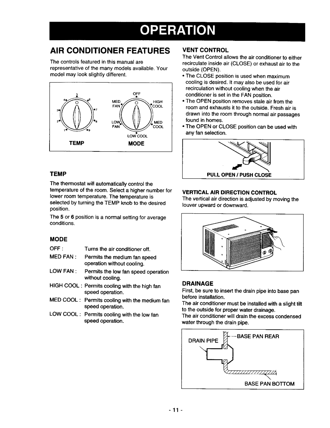 Kenmore 78122 AIR Conditioner Features, Temp Mode, Vent Control, Pull Open I Push Close Vertical AIR Direction Control 