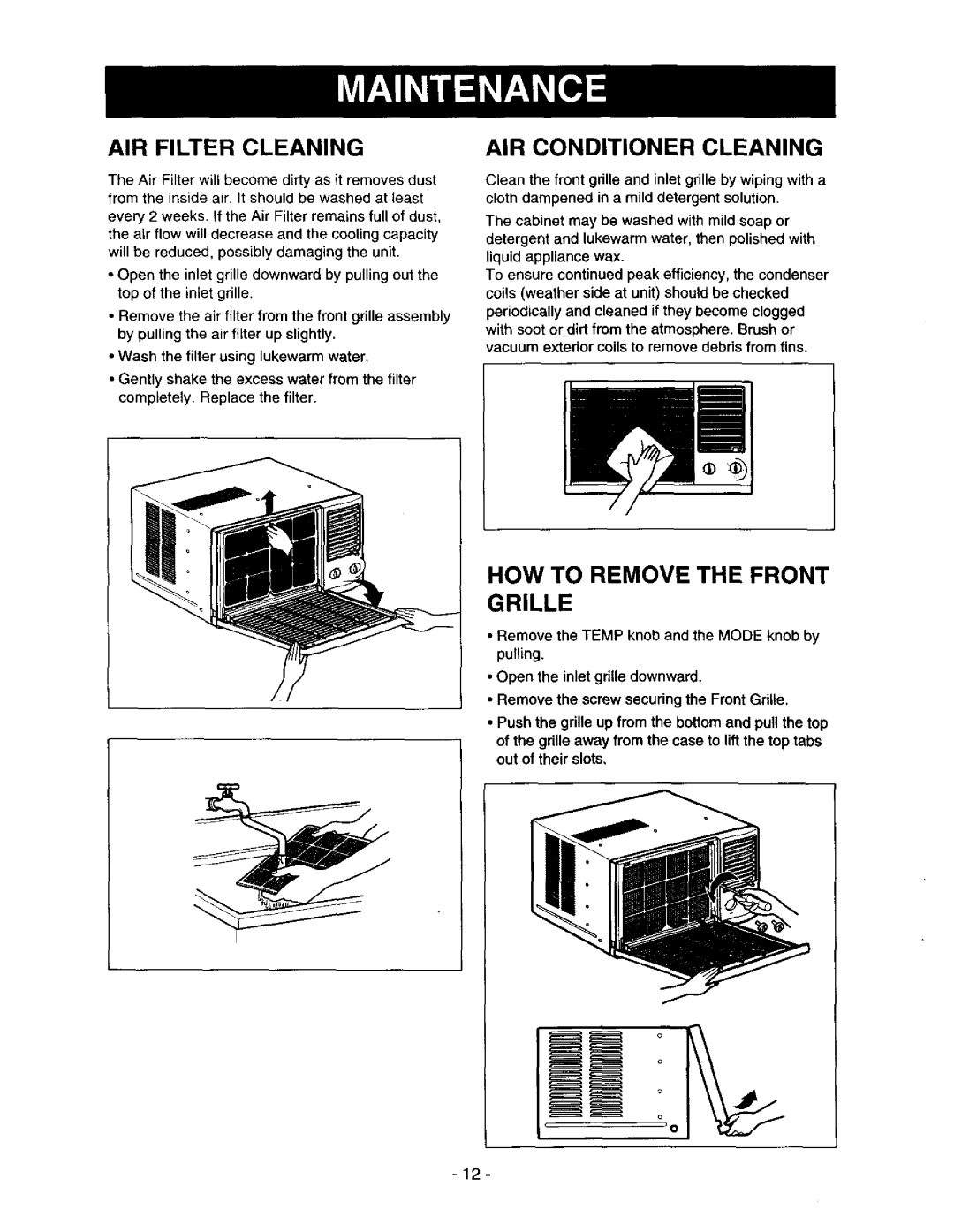 Kenmore 78122 owner manual AIR Conditioner Cleaning, AIR Filter Cleaning, HOW to Remove the Front Grille 