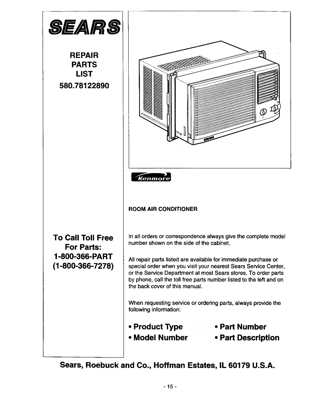 Kenmore 78122 owner manual Repair Parts List, Room AIR Conditioner 