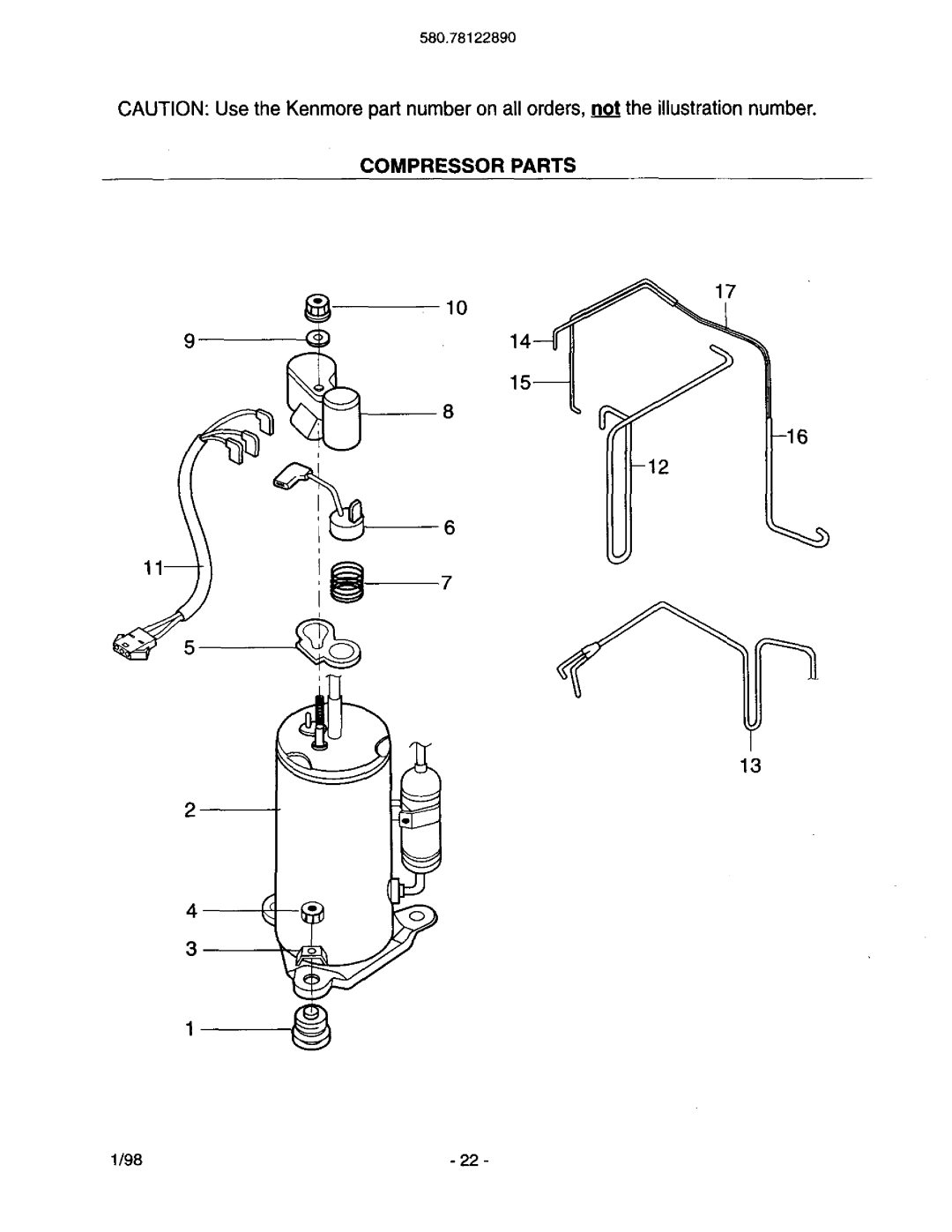 Kenmore 78122 owner manual Compressor Parts 