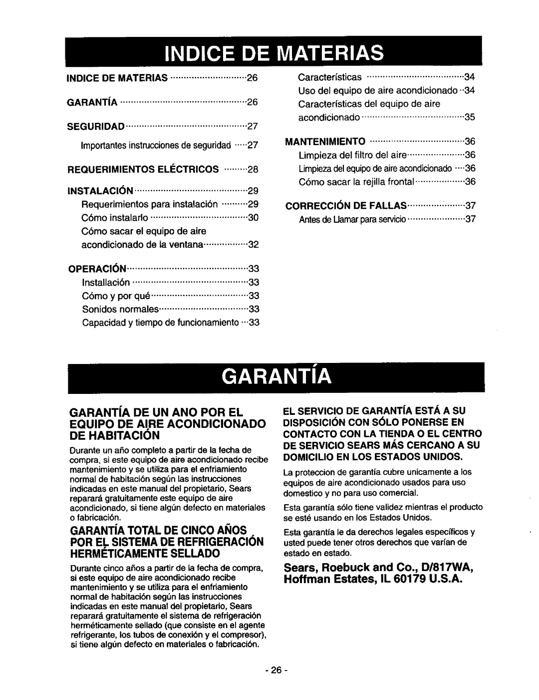 Kenmore 78122 Indicedematerias Garanta Seguridad, Requerimientos Elictricos Instalacion, Operacion, Mantenimiento 