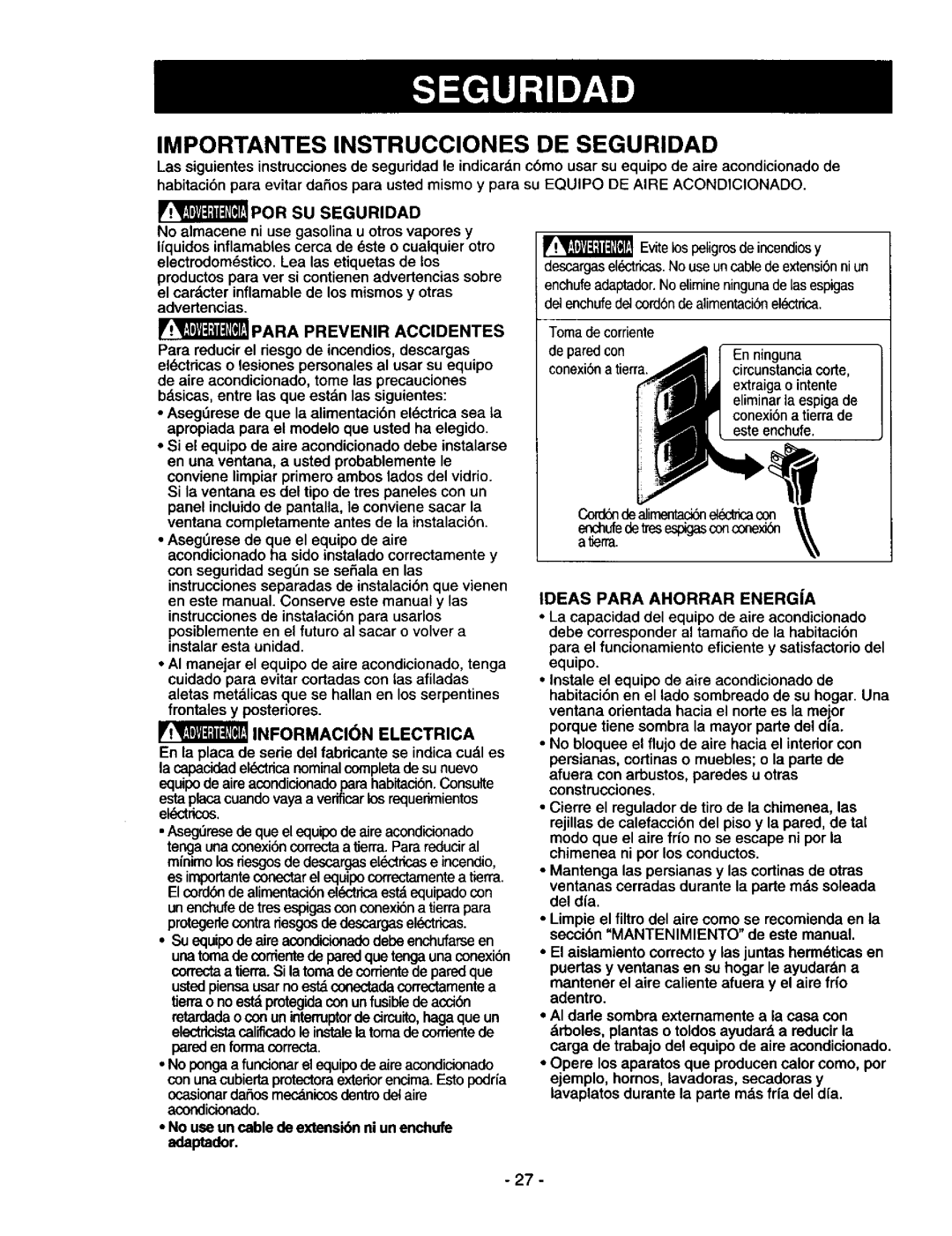 Kenmore 78122 Importantes Instrucciones DE Seguridad, SU Seguridad, Para Prevenir Accidentes, Informacin Electrica 