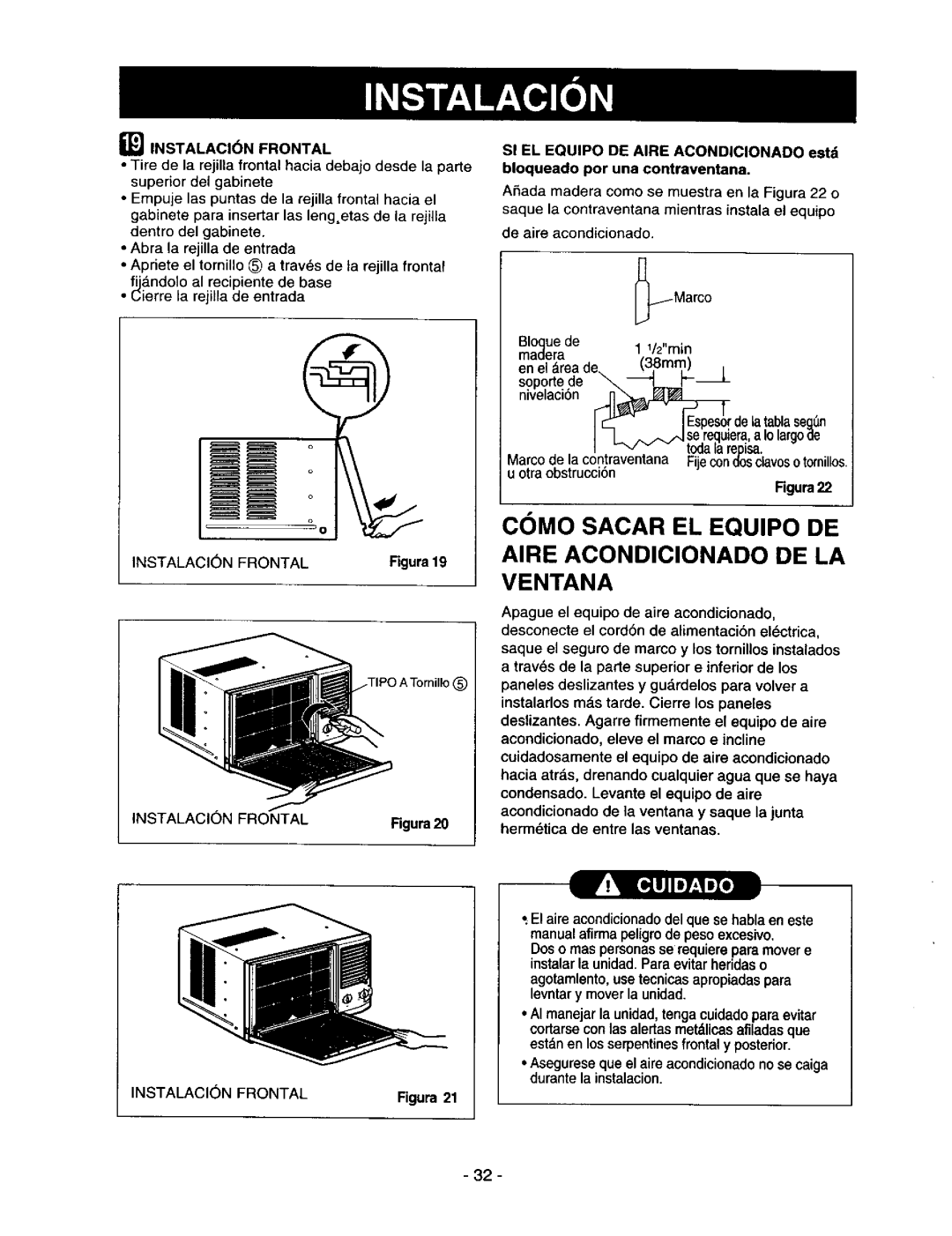 Kenmore 78122 owner manual Como Sacar EL Equipo DE Aire Acondicionado DE LA Ventana, INSTALACI6N Frontal 