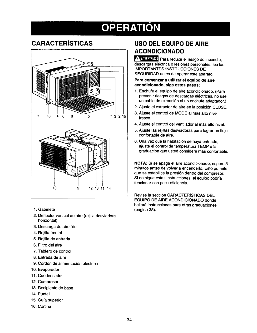 Kenmore 78122 owner manual Caractersticas, USO DEL Equipo DE Aire Acondicionado, Reducir el riesgo de incendio 