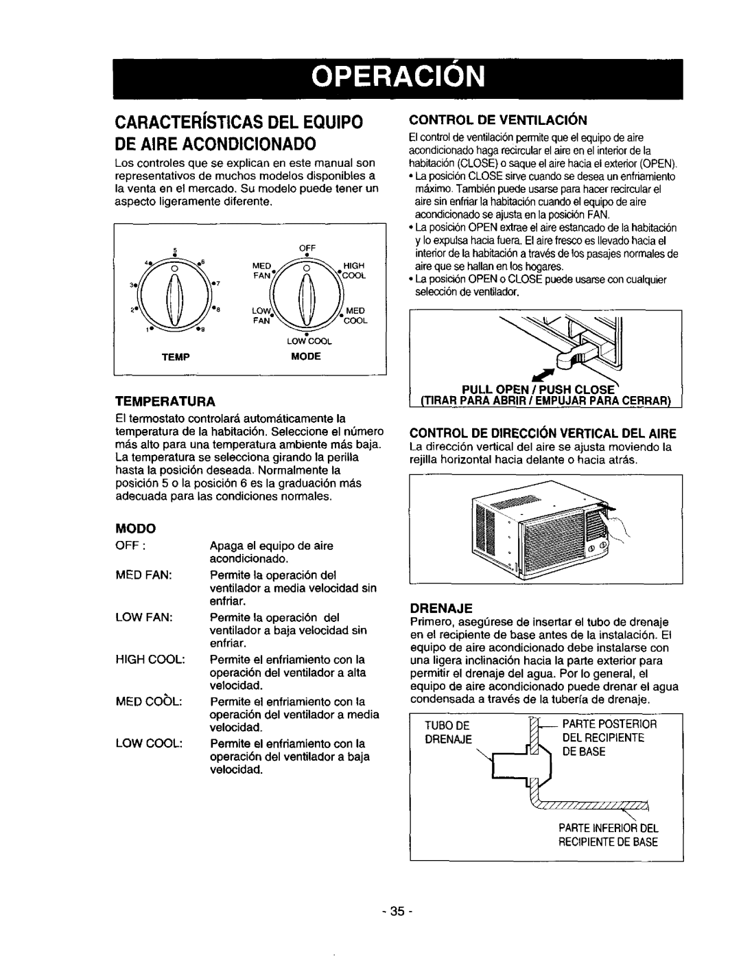 Kenmore 78122 DE Aire Acondicionado, Temperatura, Control DE Ventilacin, Permite el enfriamiento con la, Drenaje 