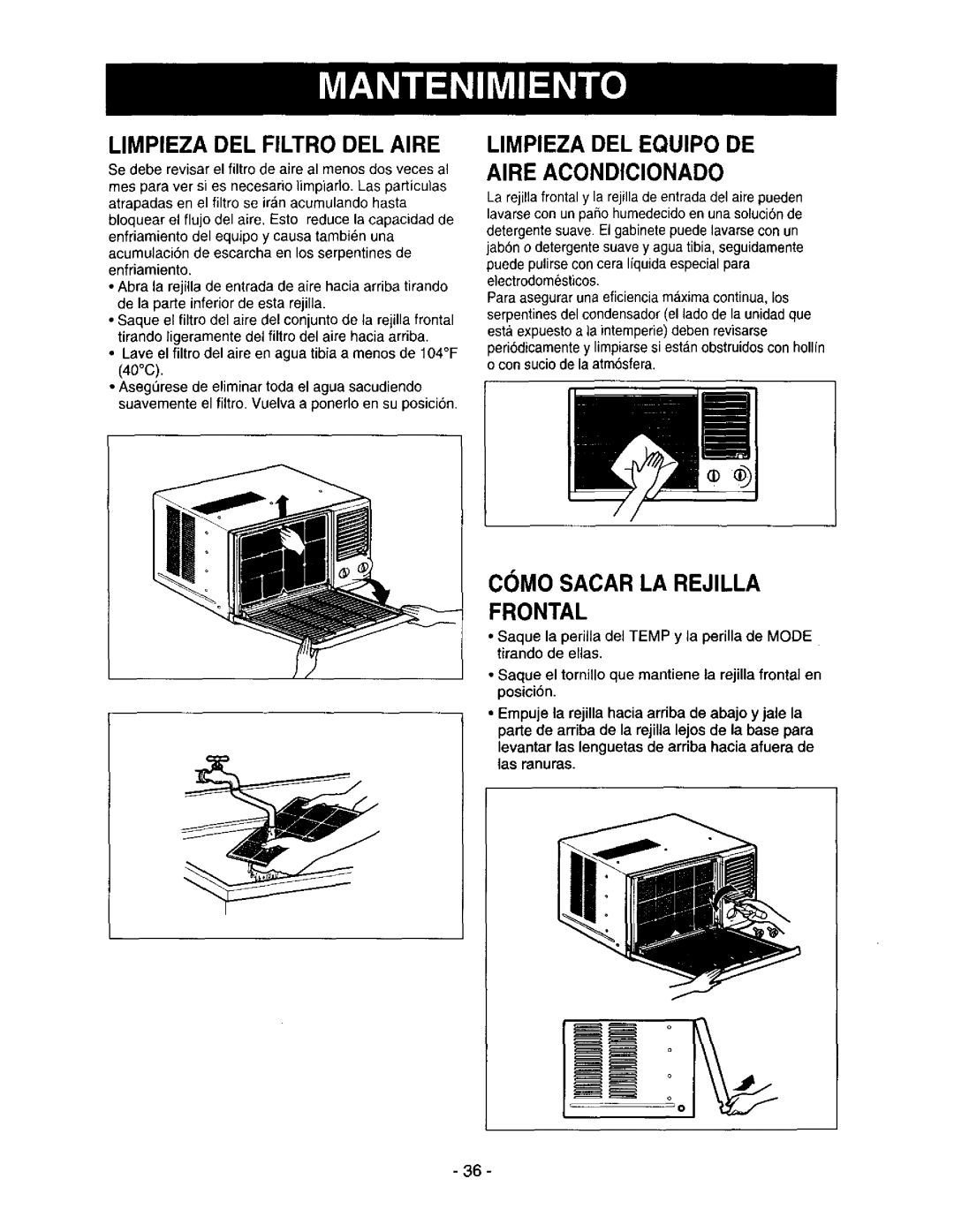 Kenmore 78122 owner manual Limpieza DEL Filtro DEL Aire, Limpieza DEL Equipo DE Aire Acondicionado, Como Sacar LA Rejilla 