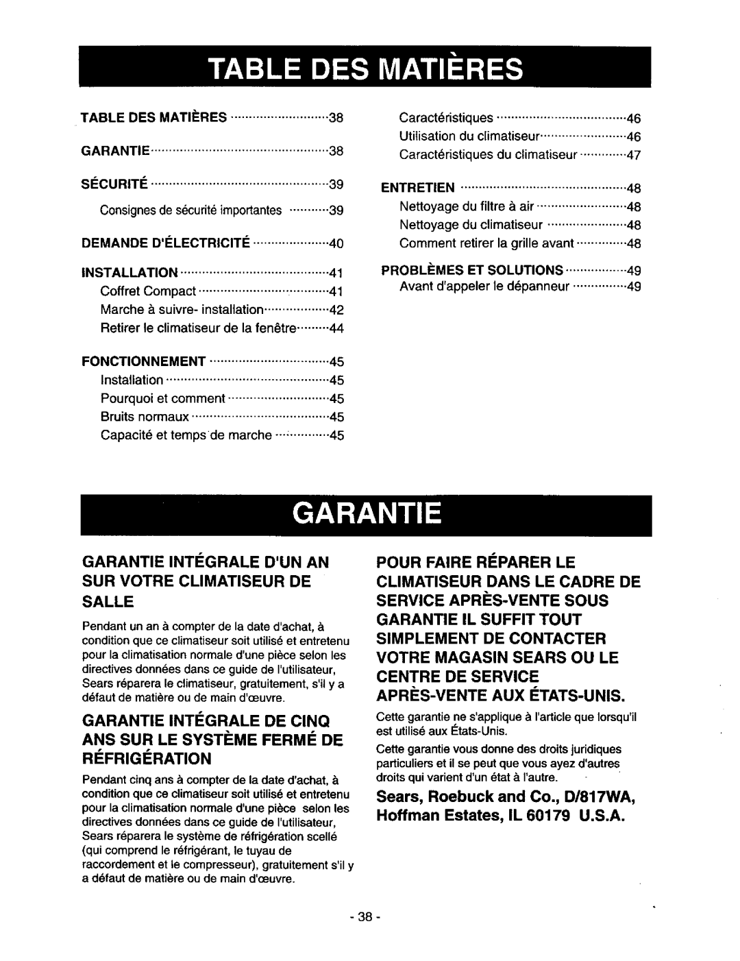 Kenmore 78122 Table DES Matieres Garantie, Demande, Installation, Fonctionnement, Entretien, Problmes ET Solutions 