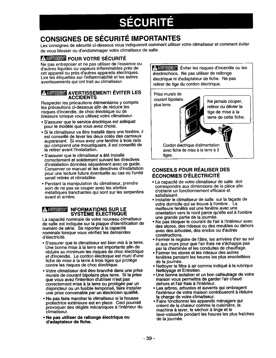 Kenmore 78122 owner manual Consignes DE SI Curiti Importantes 