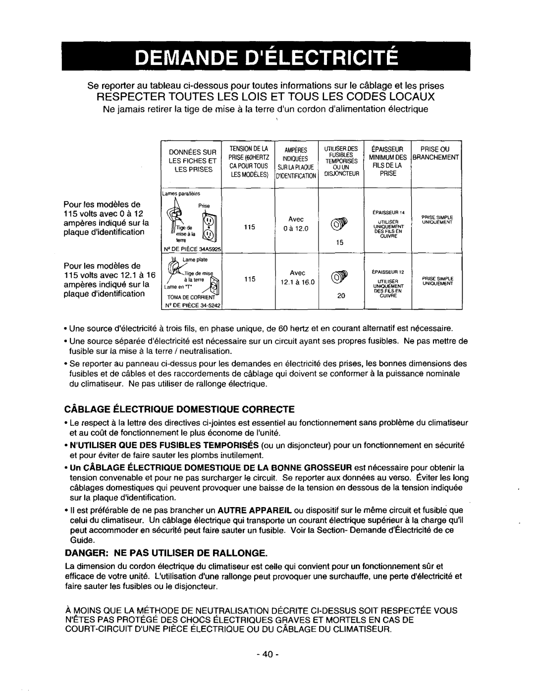 Kenmore 78122 owner manual Cablage Electrique Domestique Correcte, Minimumdes 