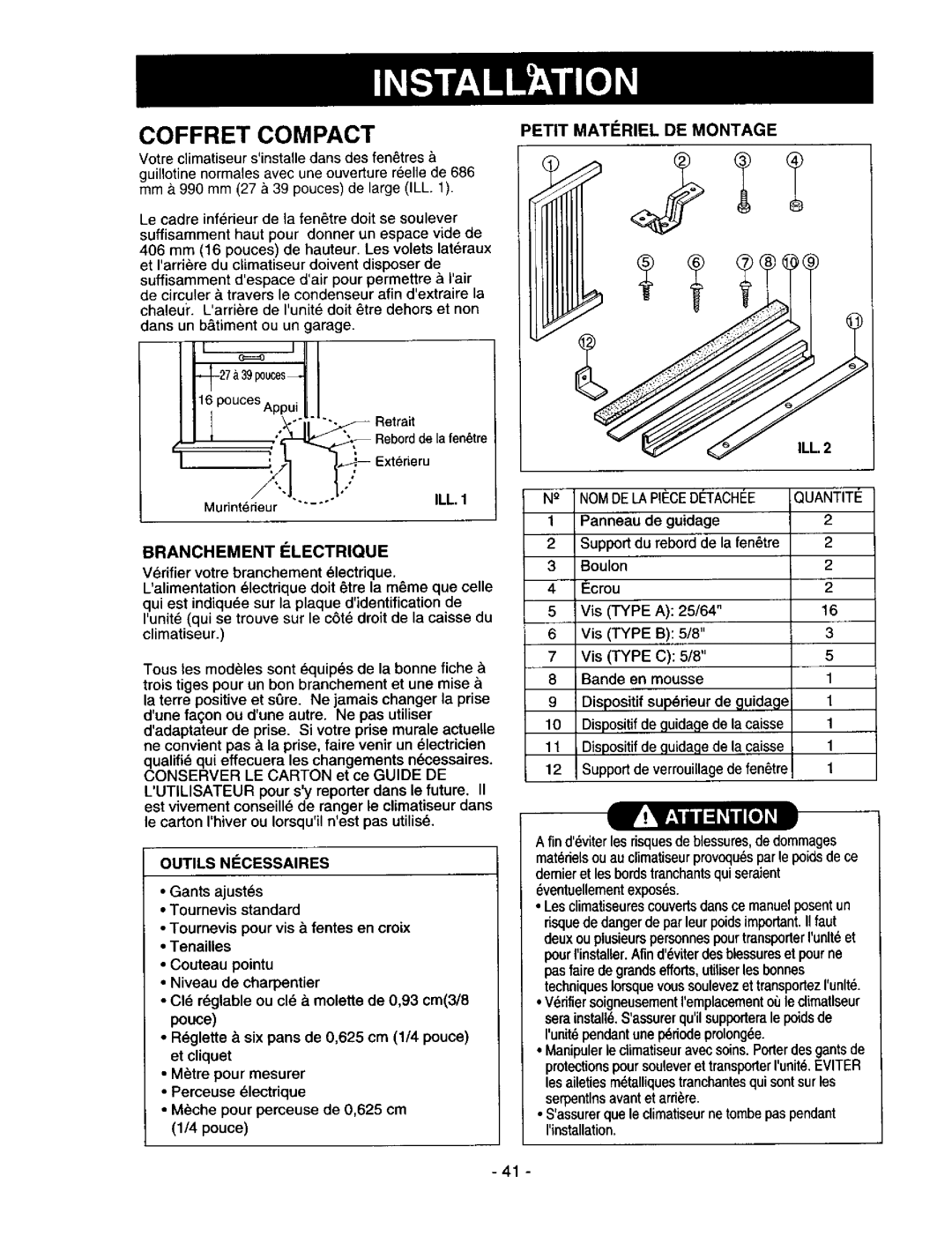 Kenmore 78122 owner manual Coffret Compact, Branchement Electrique, Outils Necessaires, Petit Matiriel DE Montage 