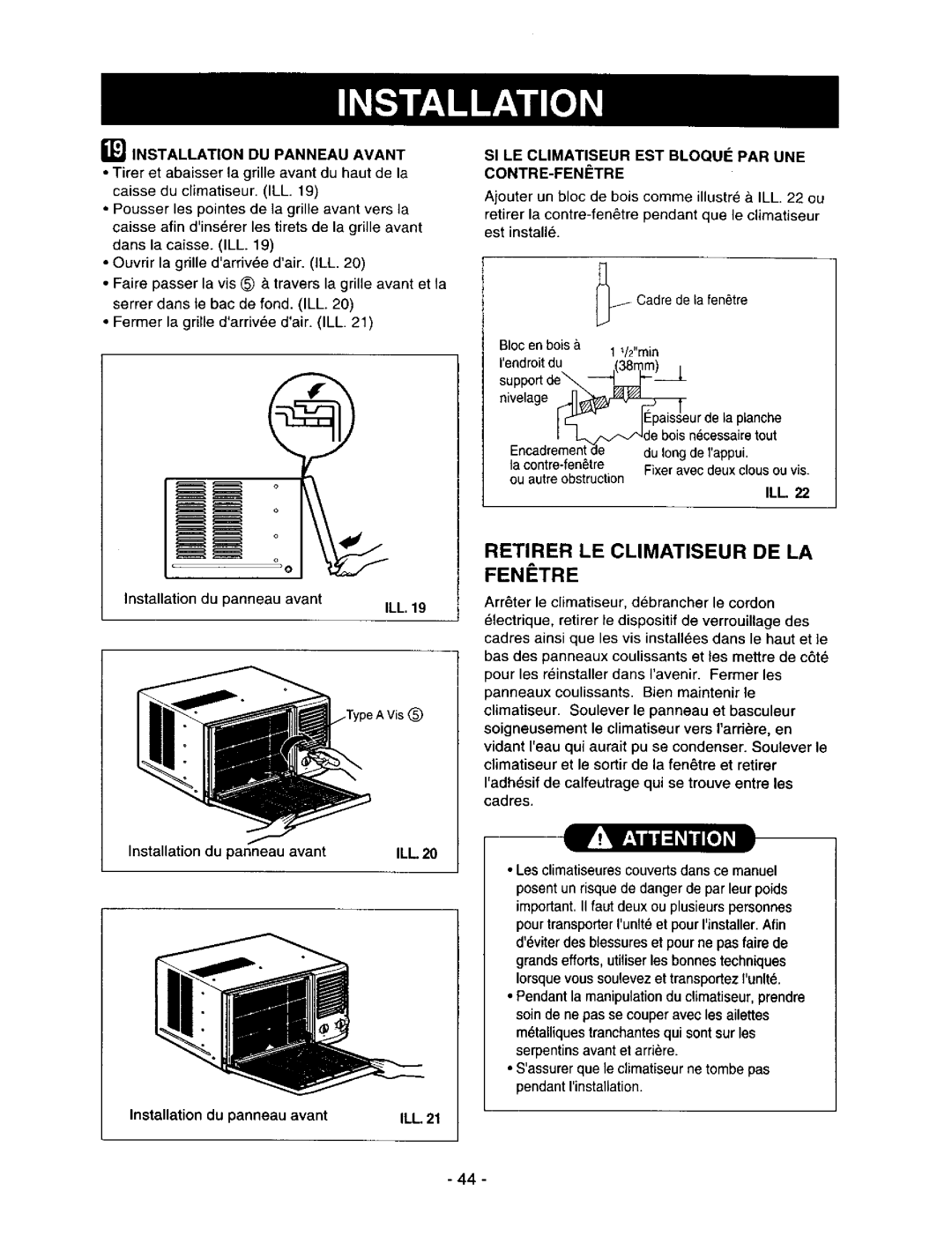 Kenmore 78122 owner manual Installation DU Panneau Avant, SI LE Climatiseur EST BLOQU# PAR UNE CONTRE-FENITRE 