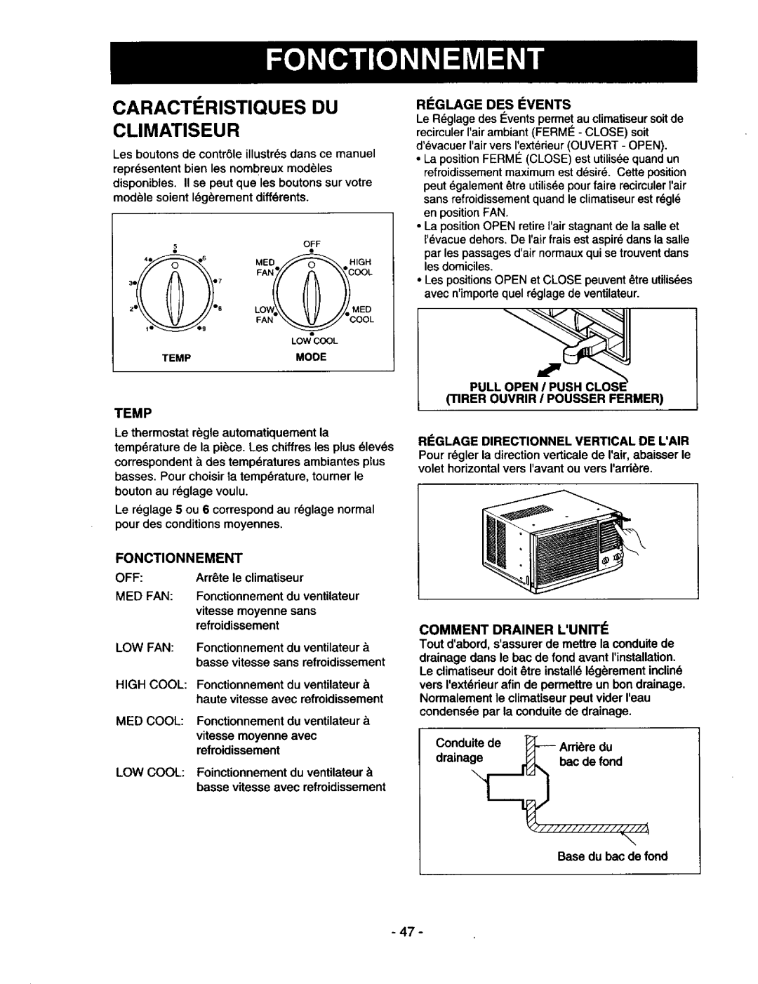 Kenmore 78122 owner manual Fonctionnement OFF, Med Fan, Comment Drainer Luniti 