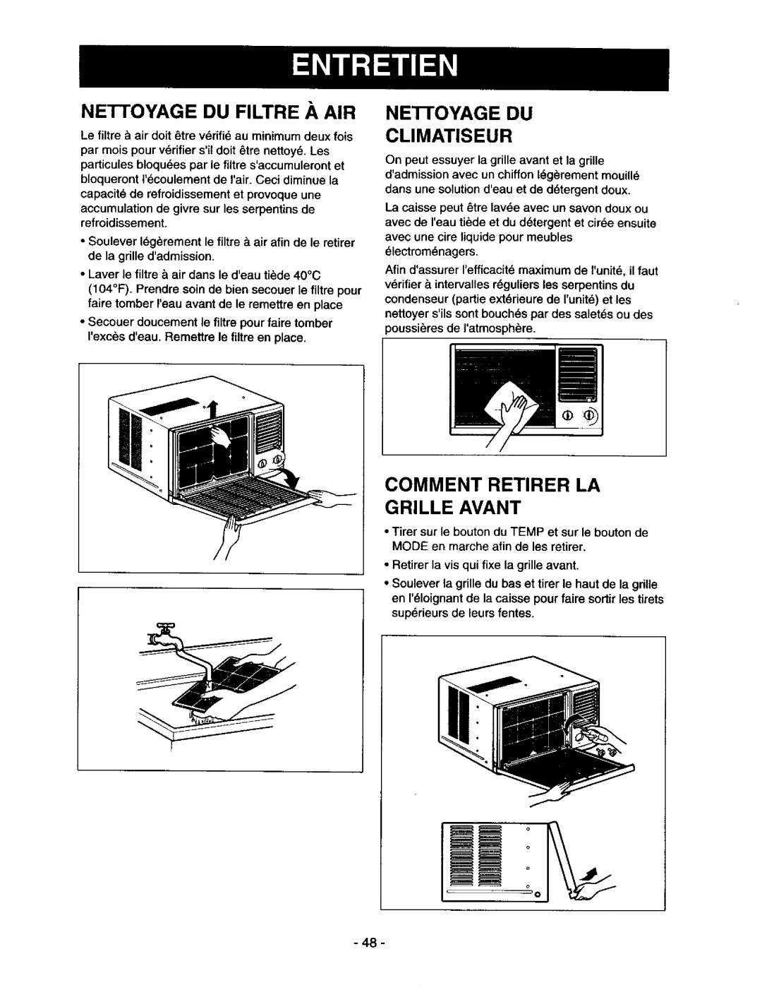 Kenmore 78122 owner manual Climatiseur, Comment Retirer LA Grille Avant 