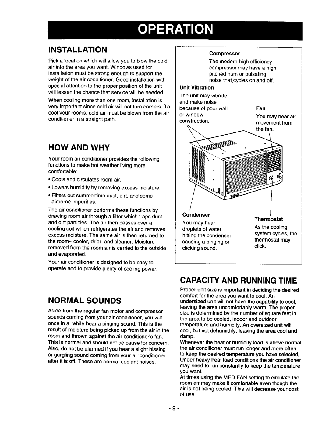 Kenmore 78122 owner manual HOW and WHY, Capacity and Running Time, Installation, Normal Sounds 