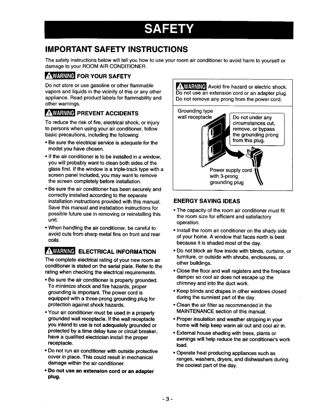 Kenmore 78122 owner manual Important Safety Instructions, For Your Safety, Prevent Accidents, Electrical Information 