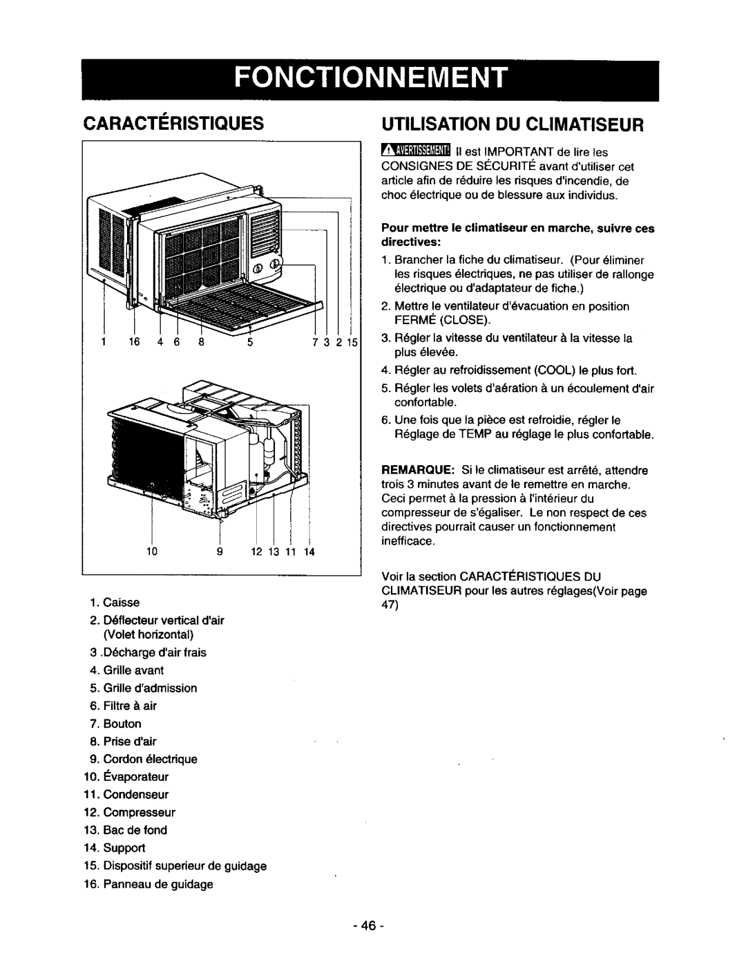 Kenmore 78122 owner manual Caracteristiques, Utilisation Du Climatiseur, Ddcharge dairfrais 