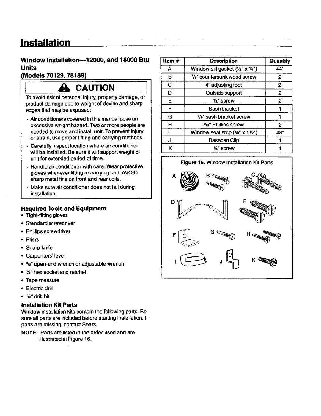 Kenmore 78189, 70089, 78079 owner manual Window Installation--12000, and 18000 Btu Units Models 70129 