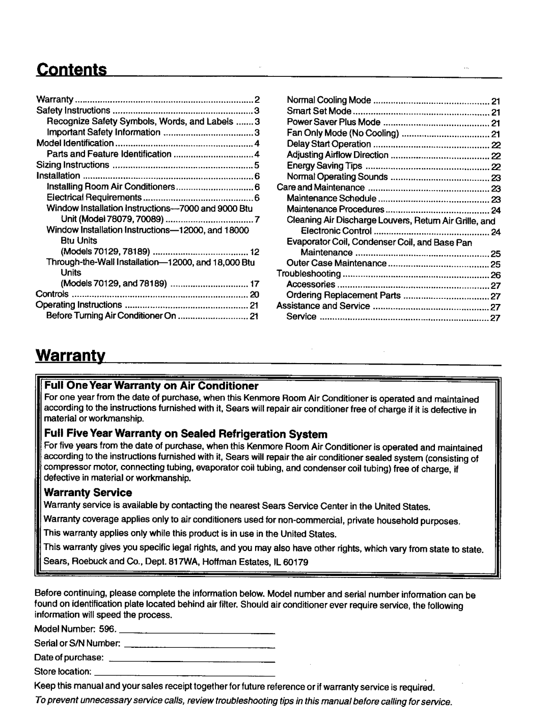 Kenmore 70089, 78189, 70129, 78079 owner manual Contents, Warranty 