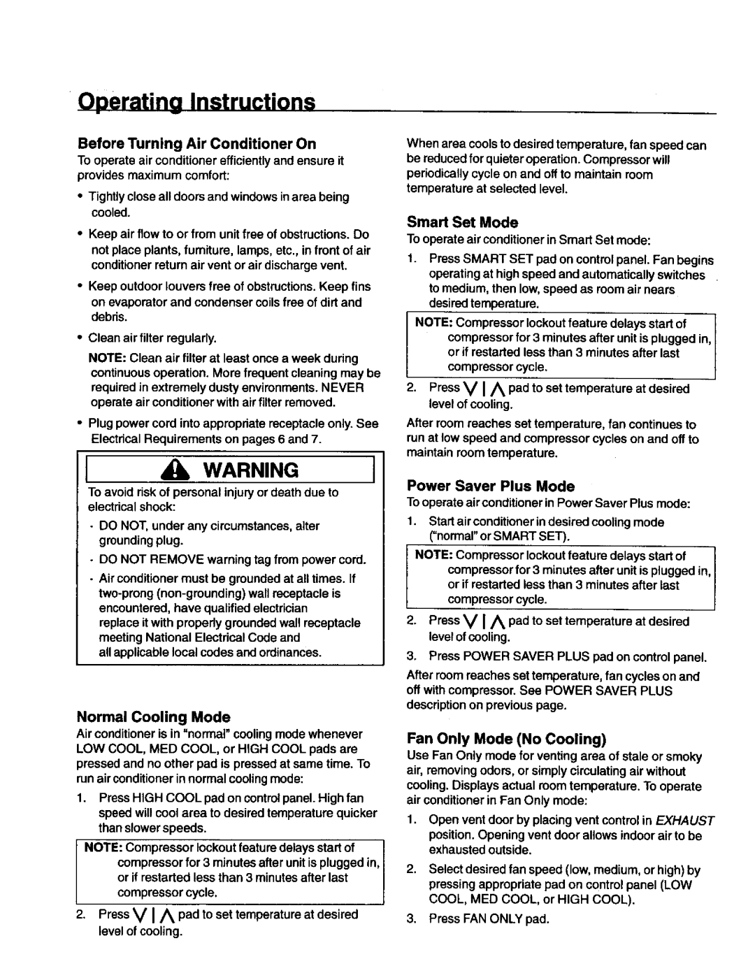 Kenmore 70129, 78189, 70089, 78079 owner manual Operating Instructions, Before Turning Air Conditioner On 