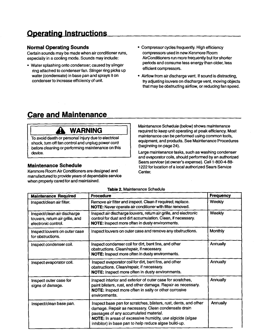 Kenmore 78079, 78189, 70129, 70089 owner manual Care and Maintenance, Normal Operating Sounds, Frequency, Weekly 