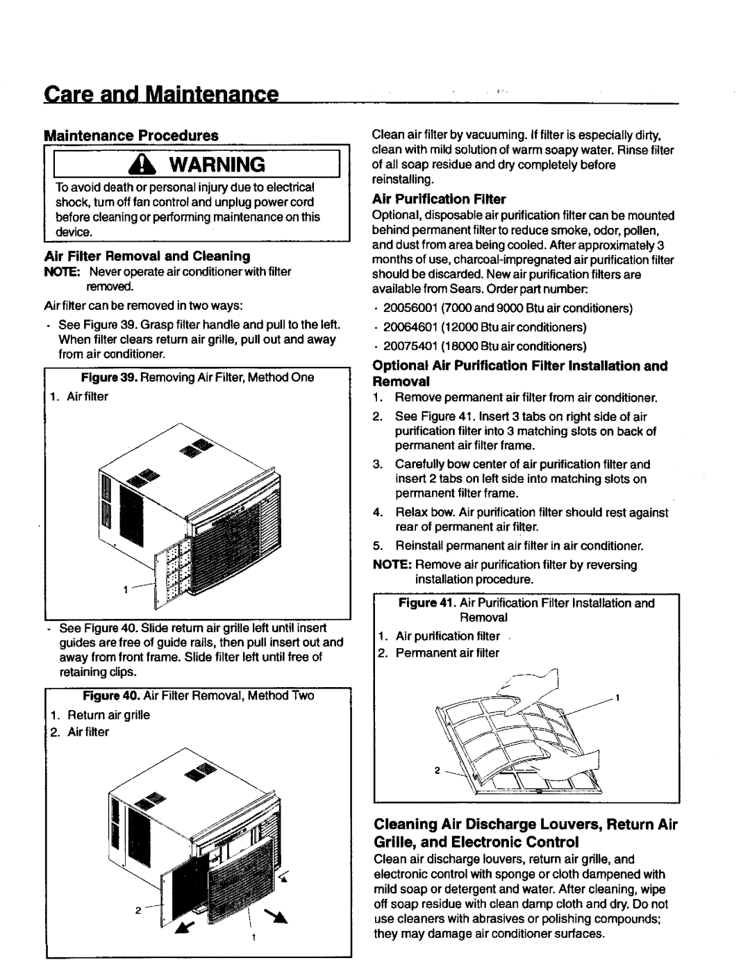 Kenmore 78189, 70129, 70089, 78079 owner manual Removing Air Filter, Method One, Air filter 