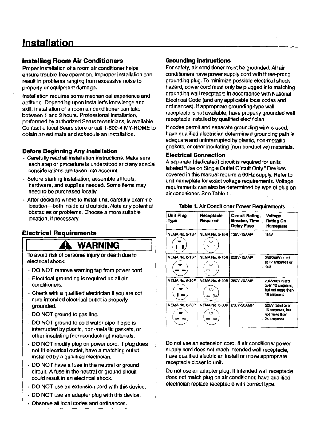 Kenmore 70089 Installation, Installing Room Air Conditioners, Voltage, Check with a qualified electrician if you are not 