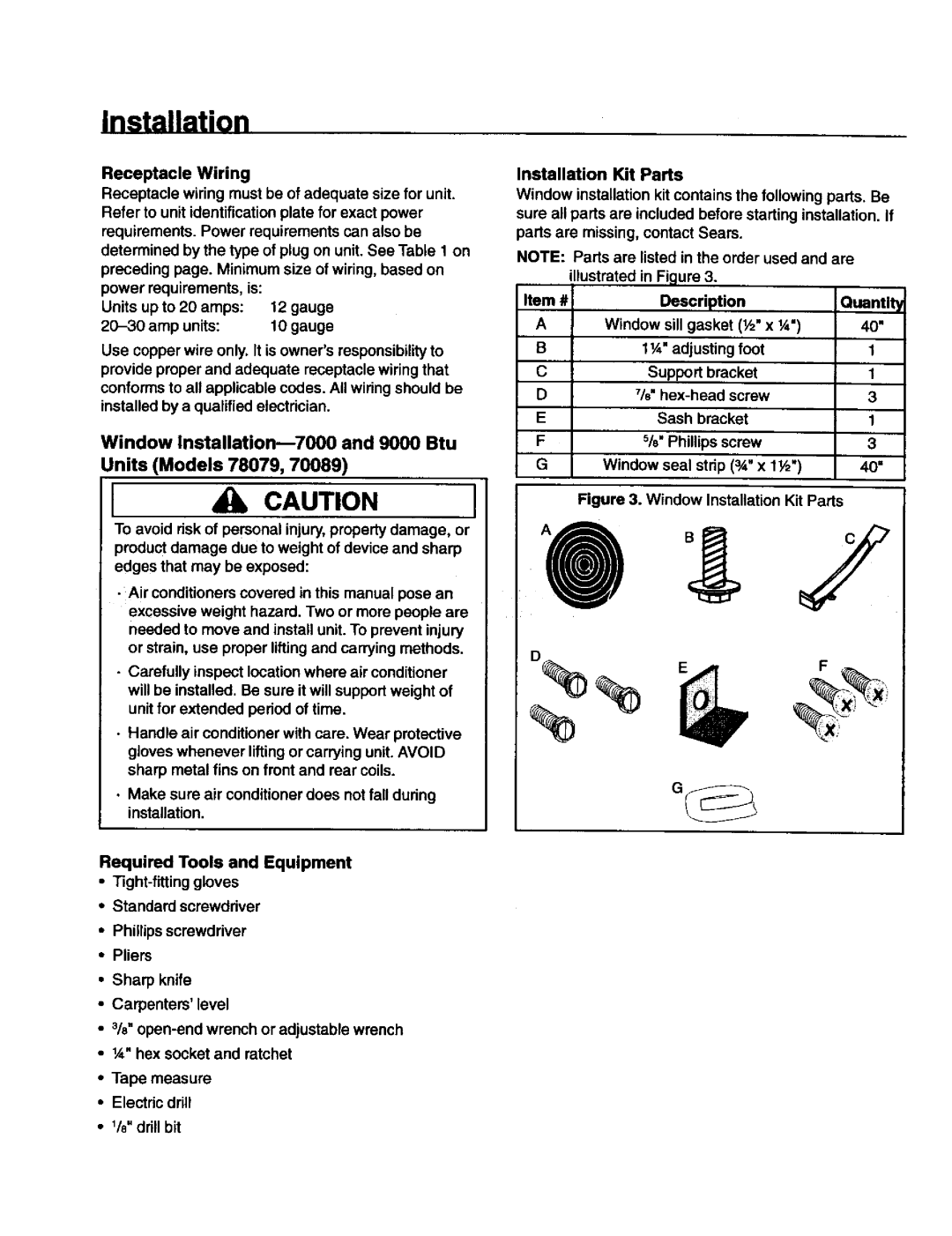 Kenmore 78079, 78189, 70129, 70089 owner manual Window Installation Kit Parts 