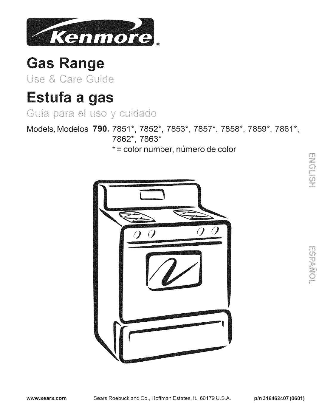 Kenmore 7853*, 7852*, 7862*, 7857*, 7863*, 7859*, 7858*, 7861* manual Estufa a as, Pin 316462407 