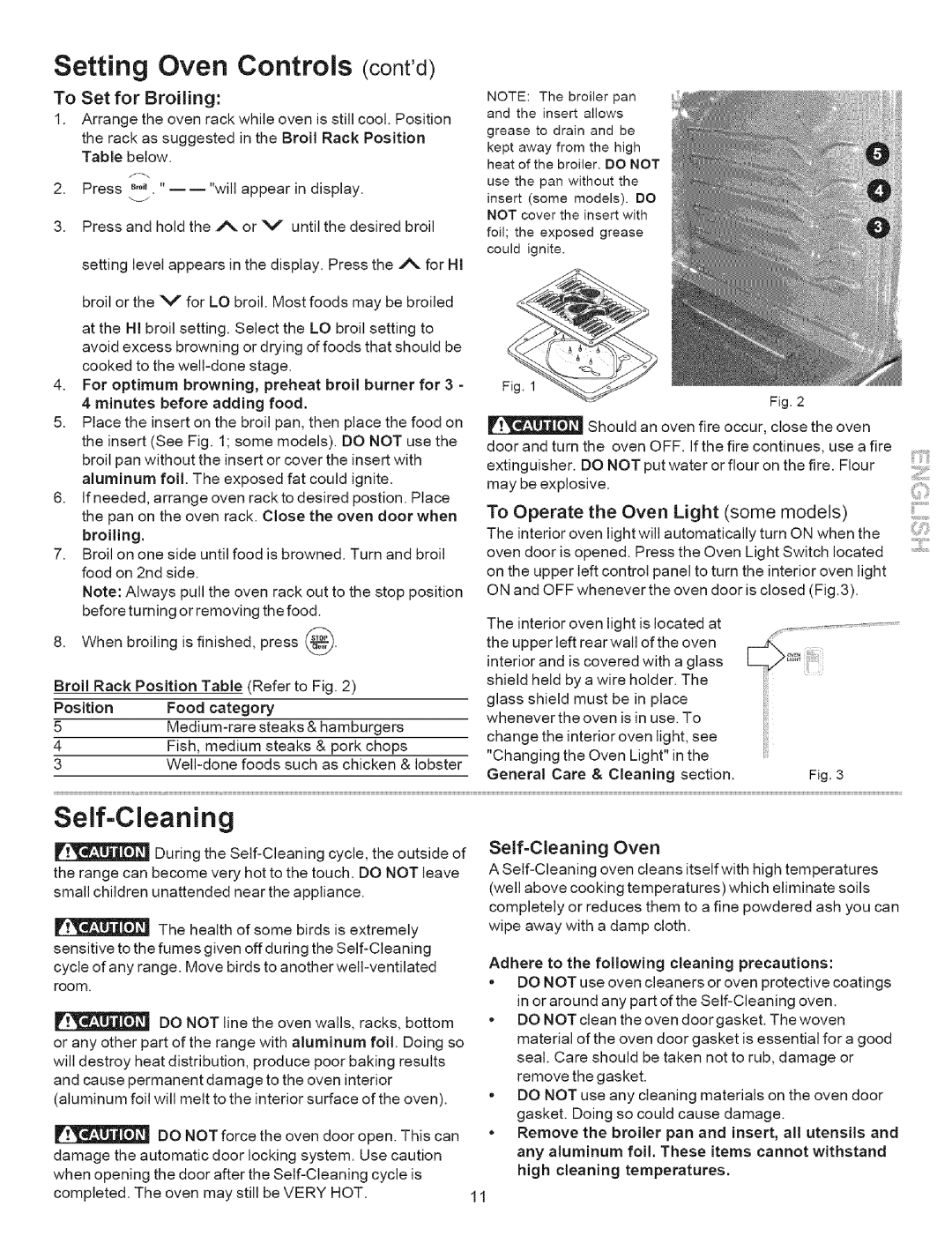 Kenmore 7857*, 7852*, 7853*, 7862*, 7863* To Set for Broiling, To Operate the Oven Light some models, Self-Cleaning Oven 