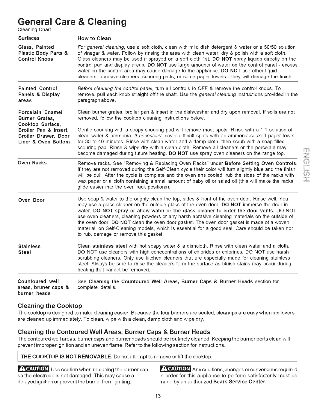 Kenmore 7859*, 7852*, 7853*, 7862*, 7857*, 7863*, 7858*, 7861* manual General Care & Cleaning, Cleaning Chart 