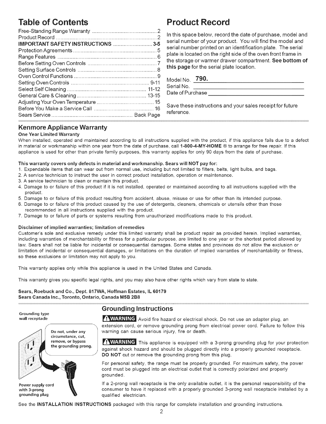 Kenmore 7862*, 7852*, 7853*, 7857*, 7863*, 7859*, 7858*, 7861* manual 790, Kenmore Appliance Warranty, Grounding Instructions 