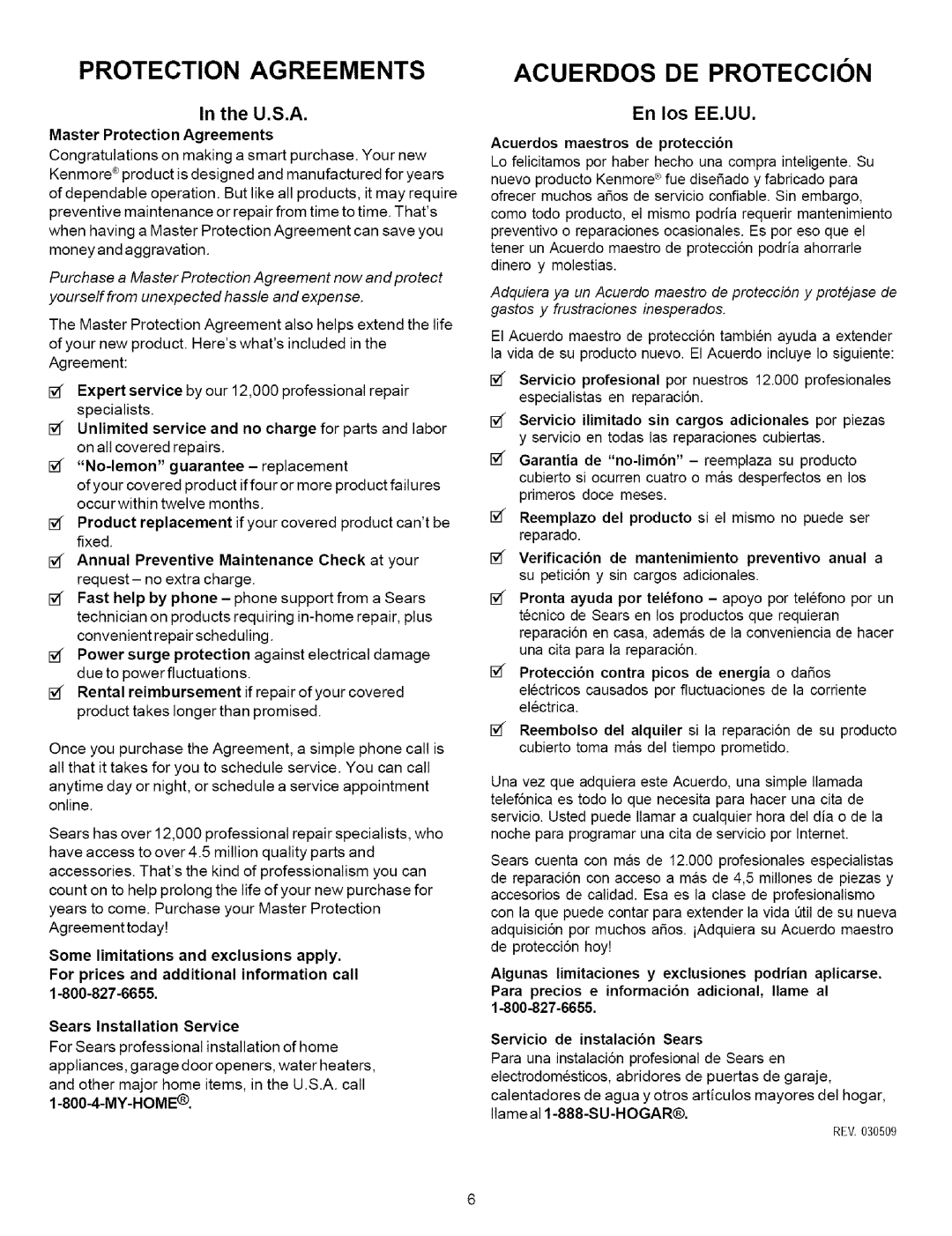 Kenmore 7858*, 7852*, 7853*, 7862*, 7857*, 7863* En los EE.UU, Master Protection Agreements, Acuerdos maestros de protecci6n 