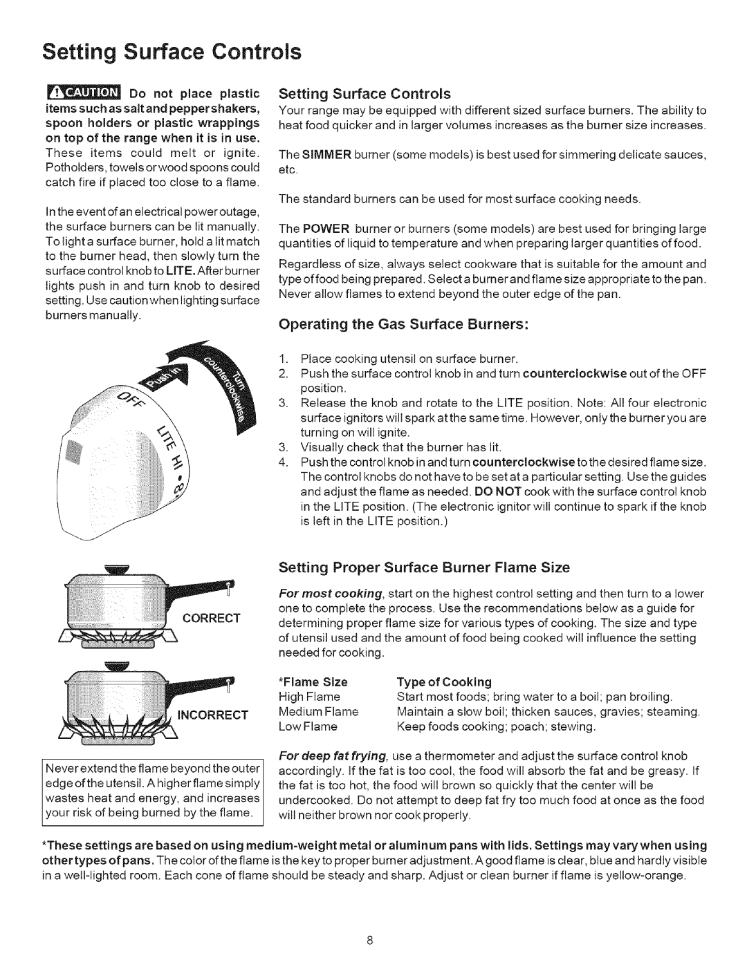 Kenmore 7852*, 7853* Setting Surface Controls, Operating the Gas Surface Burners, Setting Proper Surface Burner Flame Size 