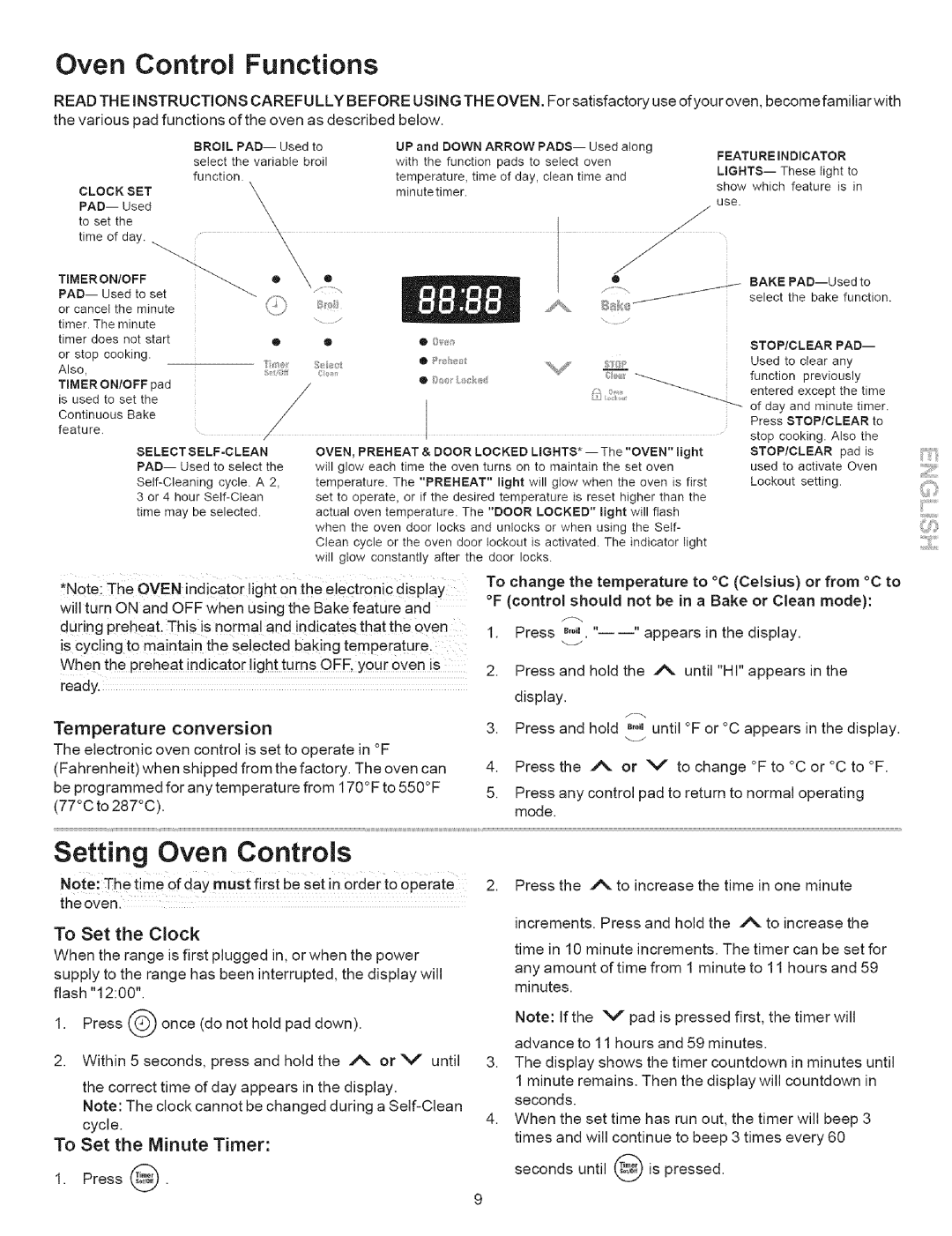 Kenmore 7853*, 7852*, 7862*, 7857* Oven Control Functions, Setting Oven Controls, To Set the Clock, To Set the Minute Timer 