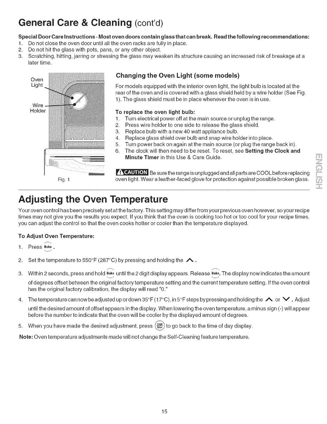 Kenmore 7851, 7862, 7857, 7852, 7854, 7859, 7858, 7861, 7853 Adjusting the Oven Temperature, Changing the Oven Light some models 