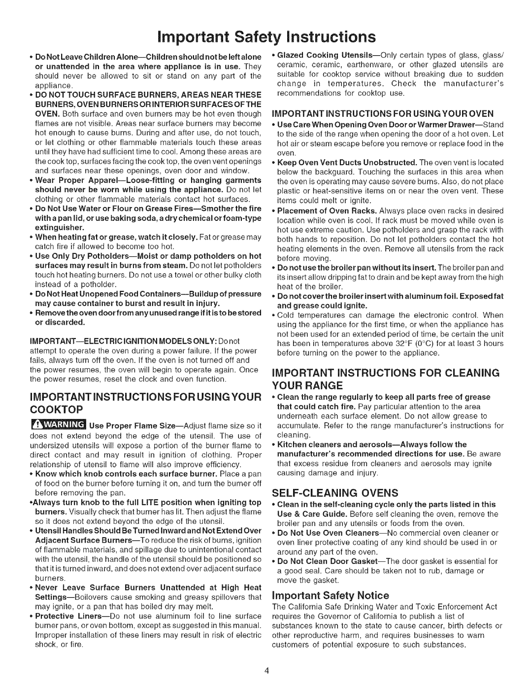 Kenmore 7859, 7862, 7857, 7852, 7854, 7858, 7851, 7861 Important Instructions for Using Your Cooktop, Important Safety Notice 