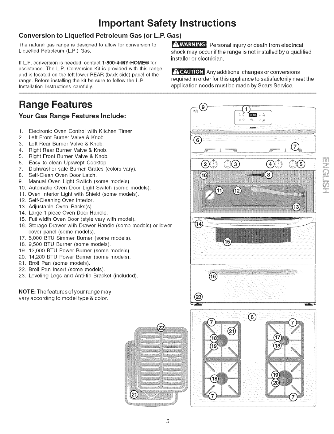 Kenmore 7858, 7862, 7857 Important Safety instructions, Range Features, Conversion to Liquefied Petroleum Gas or L.P. Gas 