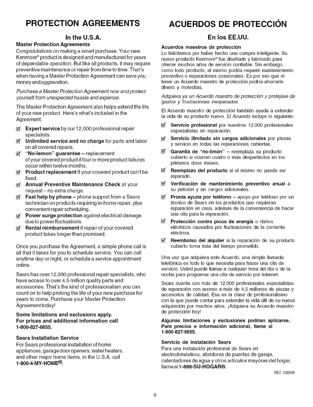 Kenmore 7851, 7862, 7857, 7852, 7854, 7859, 7858, 7861, 7853 U.S.A, Master Protection Agreements, Acuerdos maestros de protecci6n 