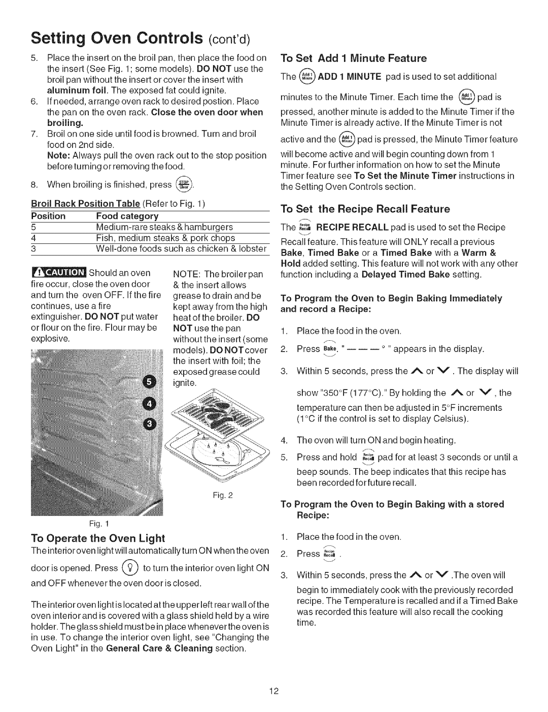 Kenmore 7895, 7891, 7881, 7882, 7877, 7878 Setting Oven Controls conrd, To Operate the Oven Light, To Set Add 1 Minute Feature 