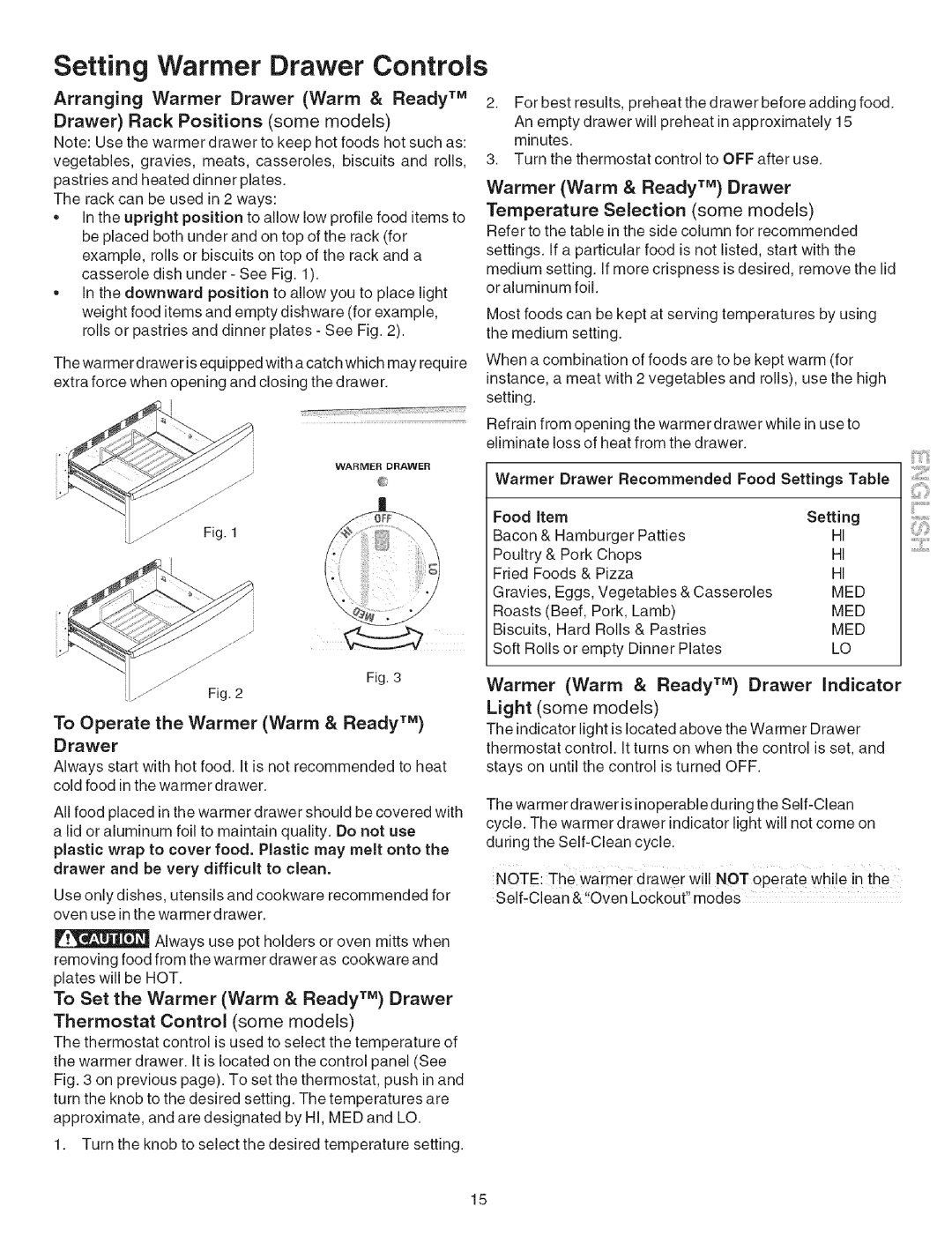 Kenmore 7881, 7891, 7882, 7877, 7878, 7895, 7864 manual Setting Warmer Drawer Controls 