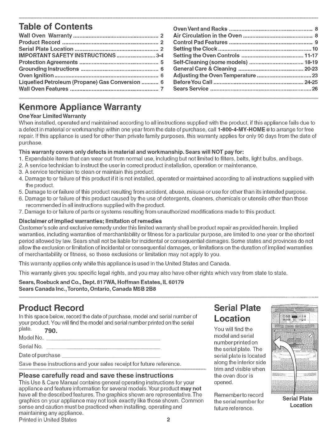 Kenmore 790. 3017 manual Contents, Kenmore Appliance Warranty, Product Record, Seria P ate 