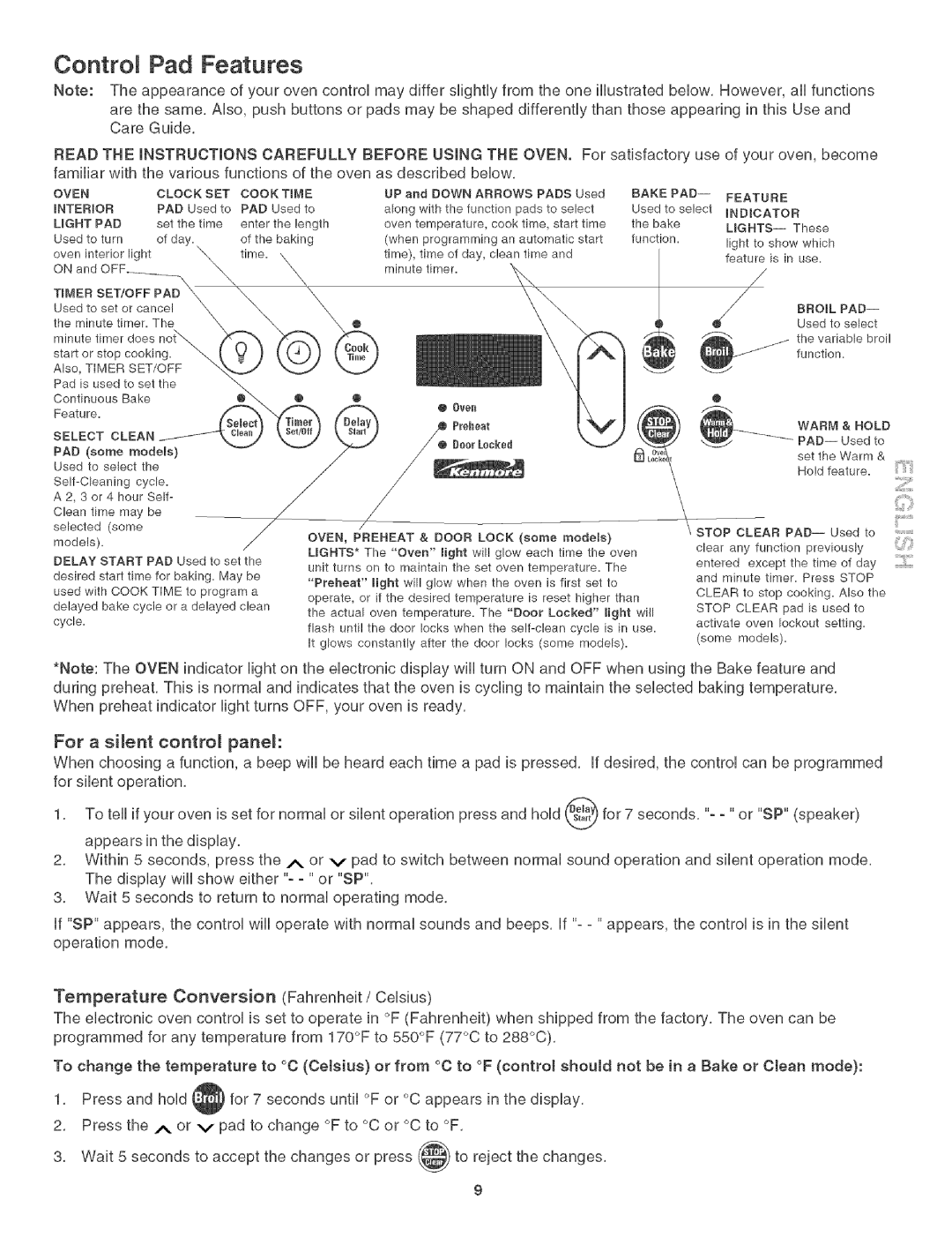 Kenmore 790. 3017 manual Control Pad Features, For a silent control paneh, Temperature Conversion Fahrenheit / Celsius 