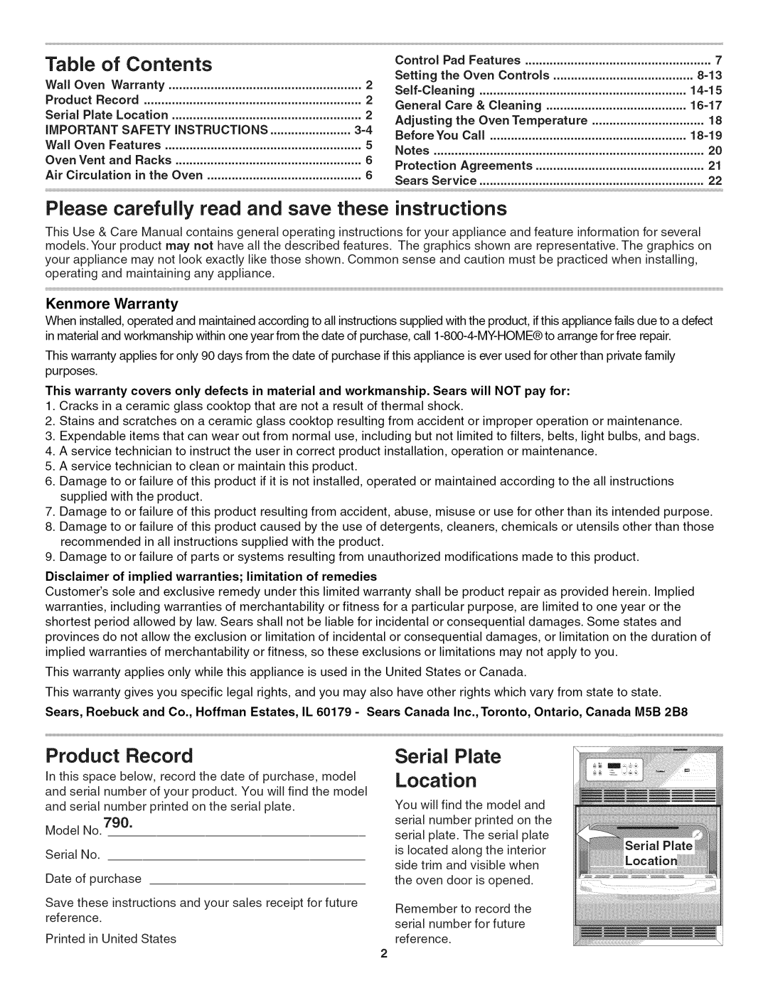 Kenmore 790. 4045 manual Table of Contents, Please carefully read and save these instructions, Product Record, Location 