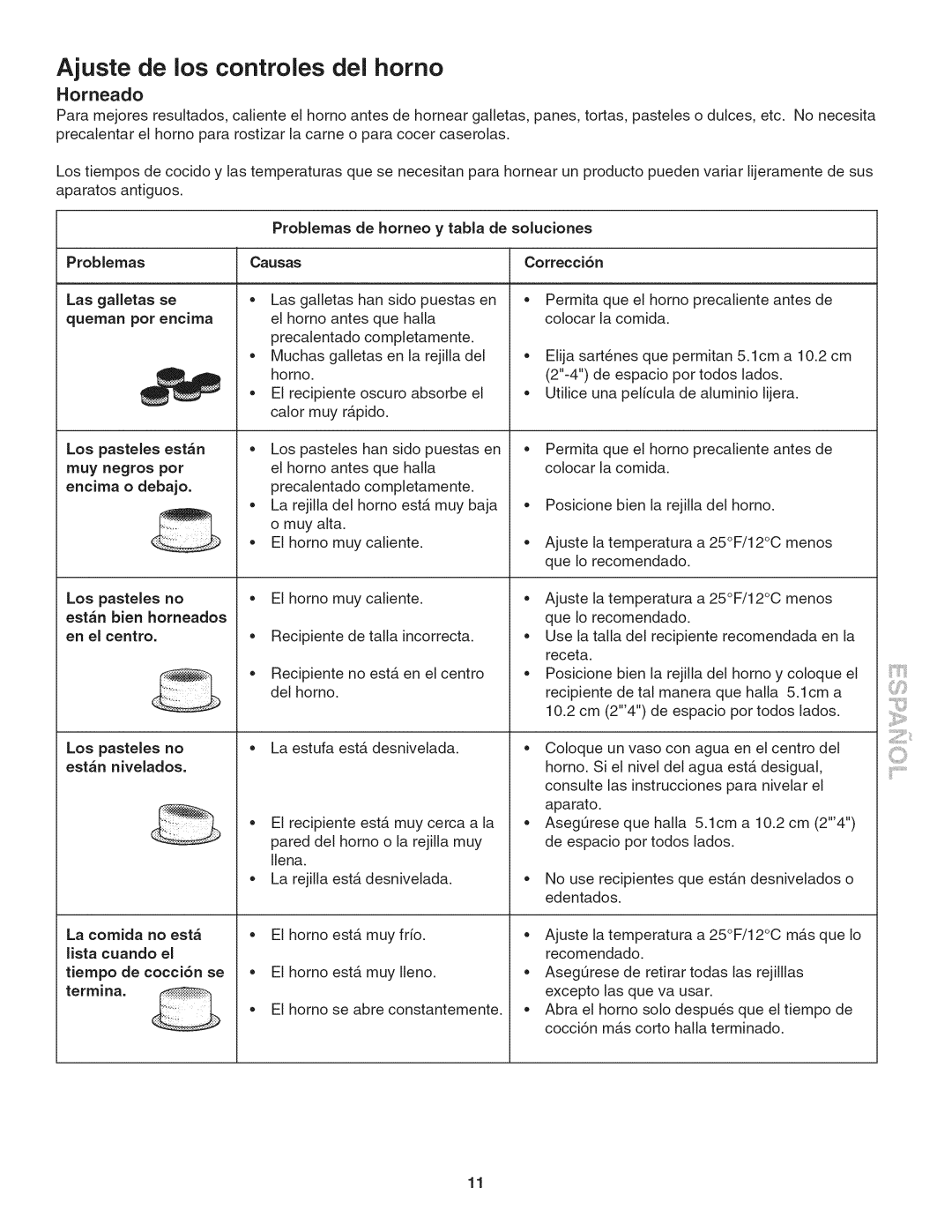 Kenmore 790. 4045 manual Horneado, Problemas de horneo y tabla de soluciones, Tiempo de cocci6n se, Causas, Correcci6n 