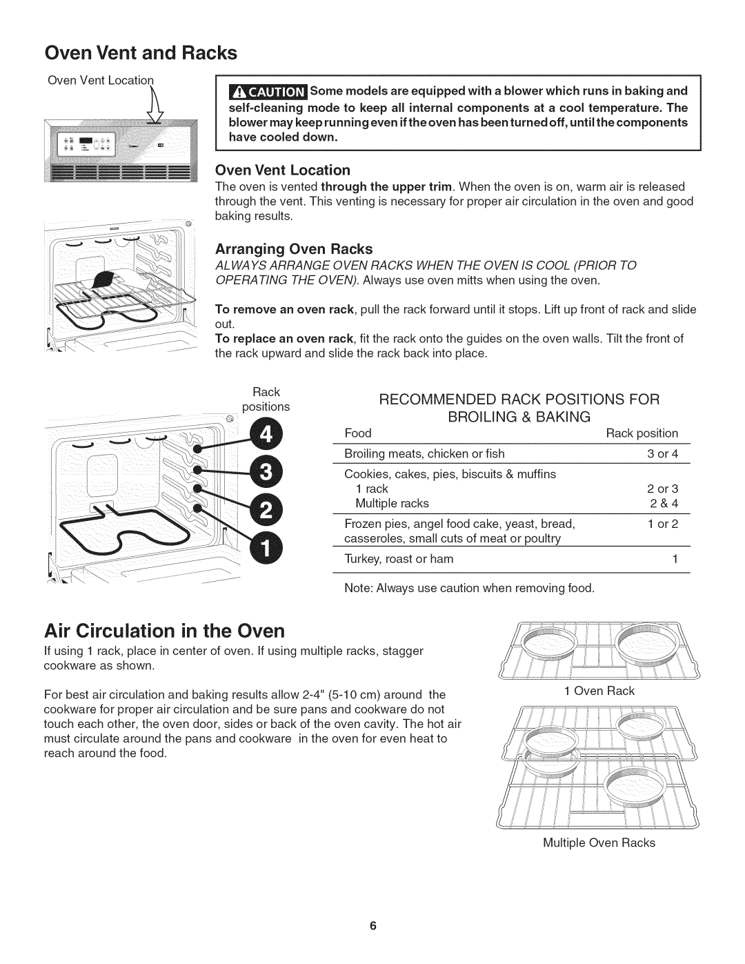 Kenmore 790. 4045 manual Oven Vent and Racks, Air Circulation in the Oven, Oven Vent Location, Arranging Oven Racks 