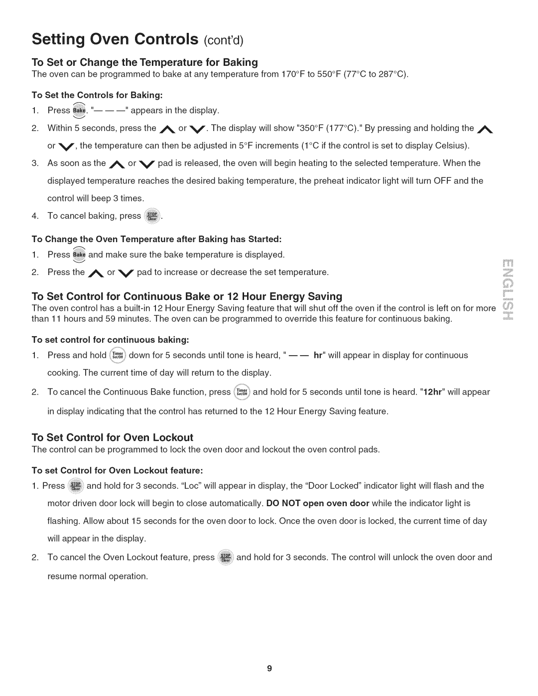 Kenmore 790. 4045 manual Contd, To Set or Change Temperature For Baking, To Set Control for Oven Lockout 