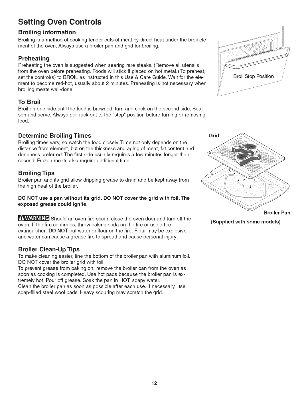 Kenmore 790. 4045 manual Setting Oven Controls, To Broil, Determine, Times, Broiling Tips, Broiler Clean-UpTips, Grid 