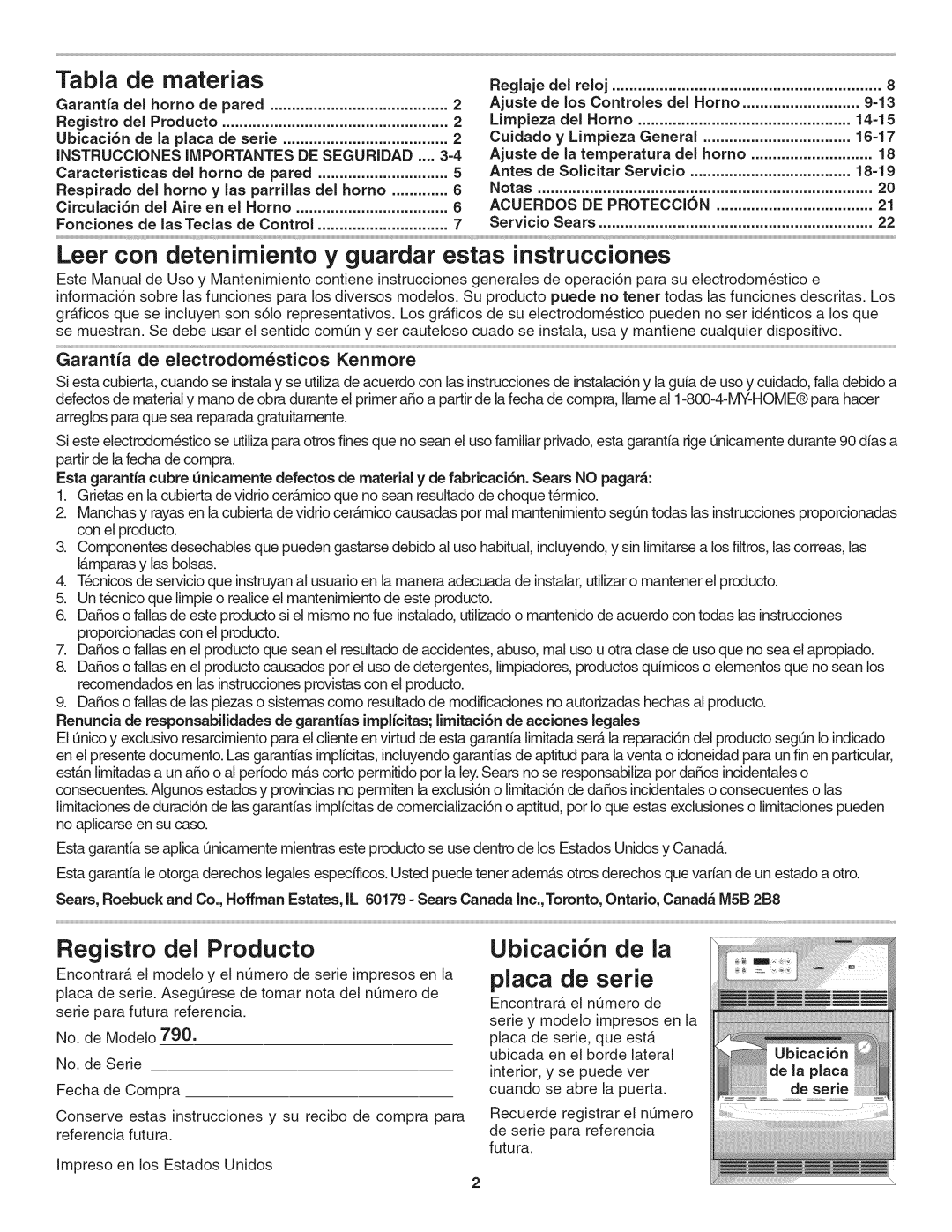Kenmore 790. 4045 manual Tabla, de materias, Registro del Producto, Ubicaci6n de la, placa de serie 